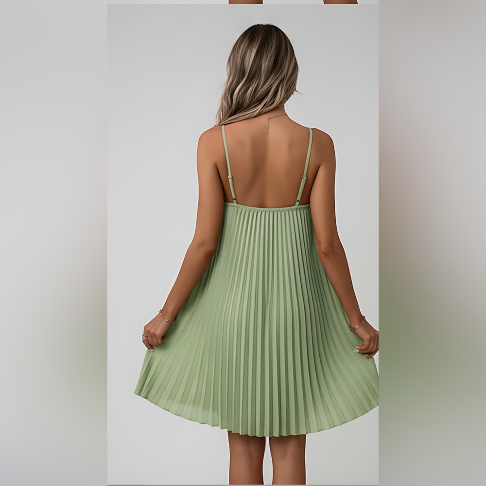 Pleated Spaghetti Strap Mini Dress Green - Picture 4 of 8